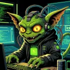 Heavily-wired cyberpunk gremlin with mechanical implants and headphones, surrounded by monitors of code.