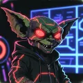 Sickly green gremlin with bright red glowing eyes and a red neon circuit pattern on its hoodie. Predatory toothy grin.