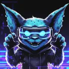 Cyan gremlin facing forward with glowing AR goggles, alert posture, bat-like armored ears.
